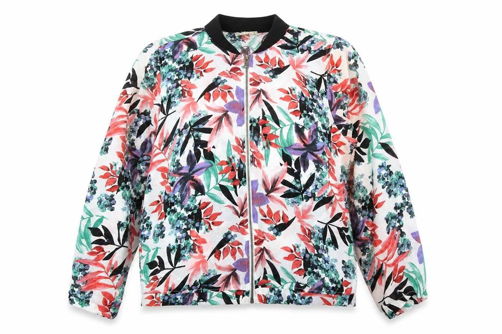 Front view of Innocence women’s white floral jacket, size UK 14