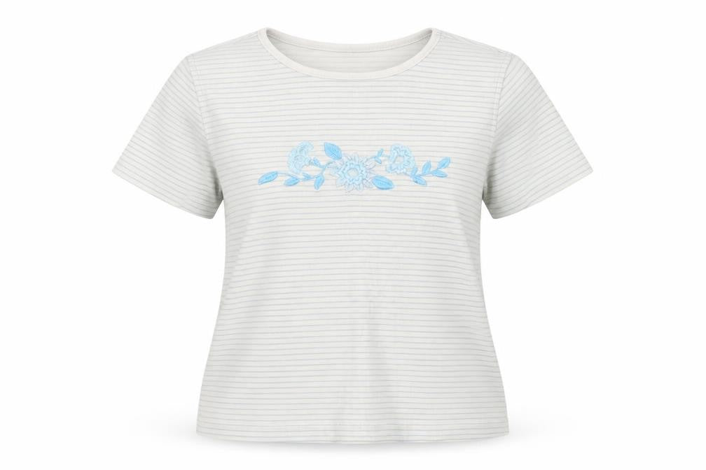 Front view of Bonmarché women’s white striped jersey basic t-shirt, size M