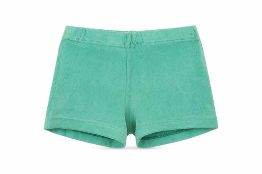 Front view of St Michael girls’ green jersey sweat shorts, size 7-8, years