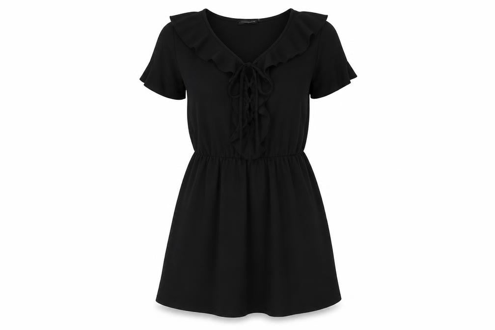 Front view of PRETTYLITTLETHING women’s black t-shirt dress, size UK 4