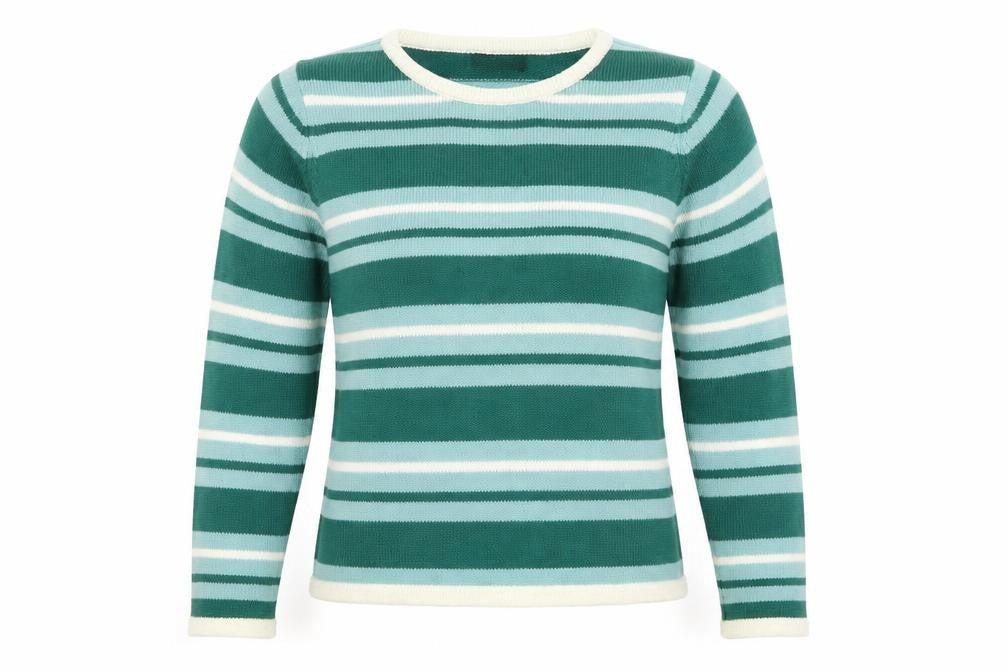 Front view of Bonmarché women’s green striped knit jumper, size S