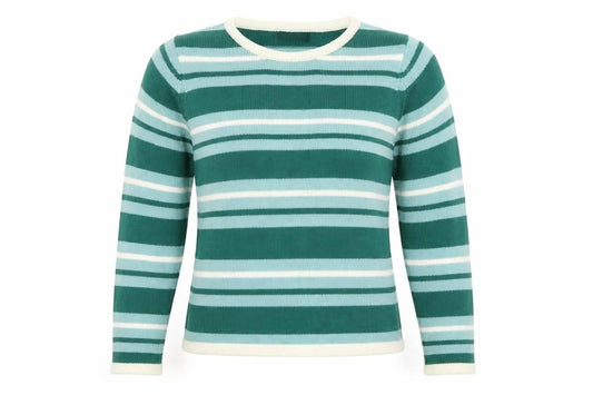 Front view of Bonmarché women’s green striped knit jumper, size S