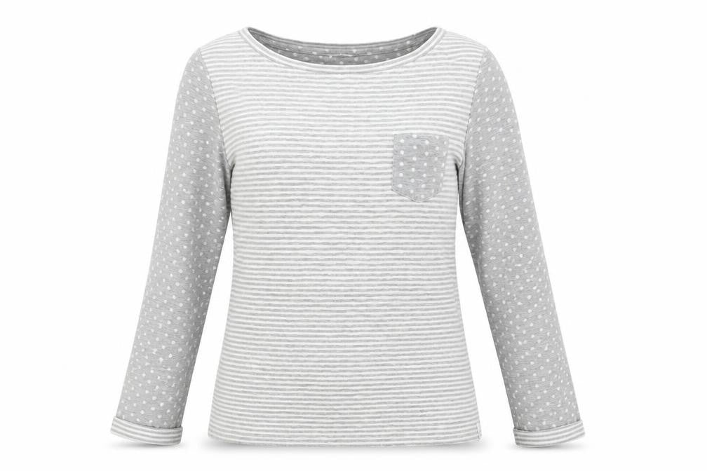 Front view of EDC women’s grey striped top pyjama top, size M