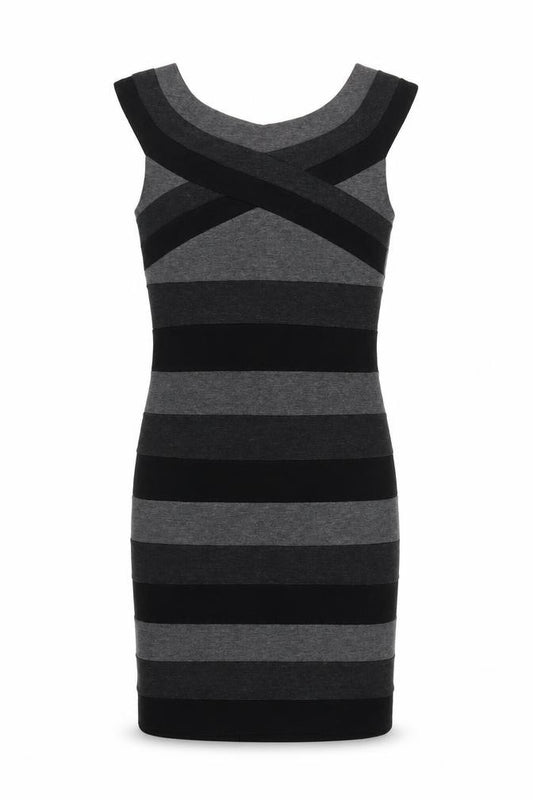 Front view of Alter London women’s black striped wrap dress, size UK 8