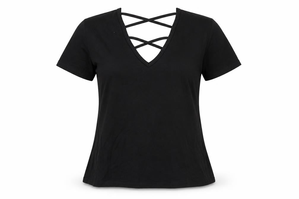 Front view of Miss Selfridge women’s black basic t-shirt, size UK 6