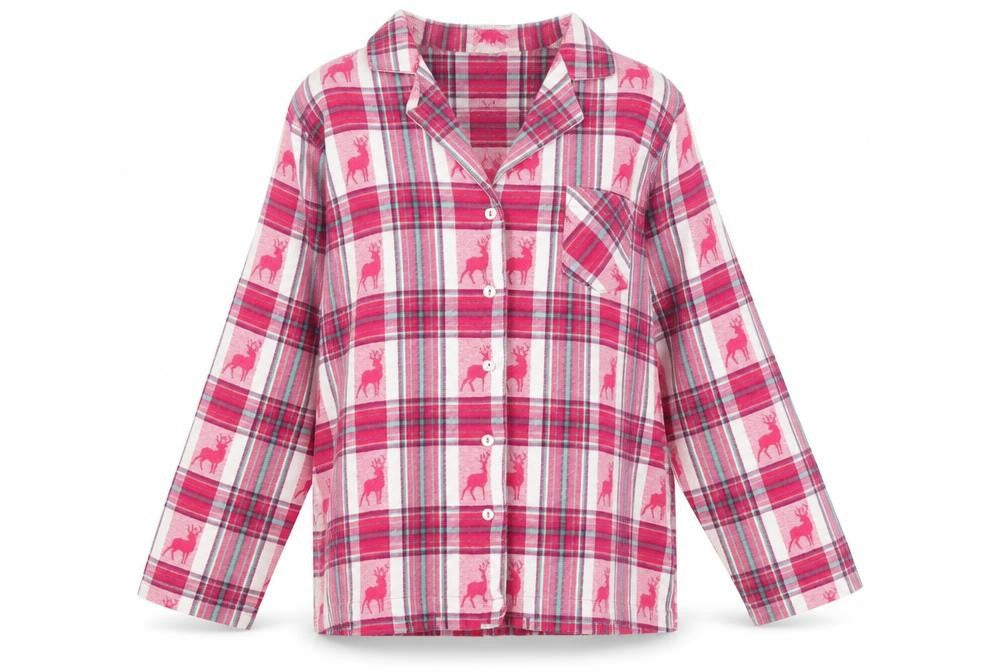 Front view of Tu women’s pink plaid top pyjama top, size UK 8, - reindeer