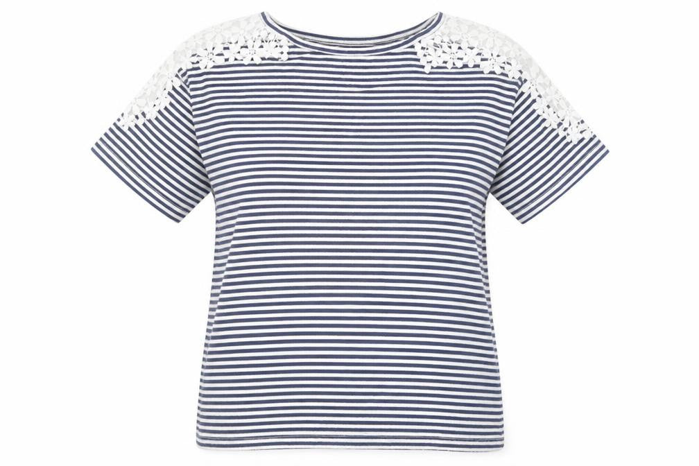 Front view of Avenue women’s white striped basic t-shirt, size UK 8