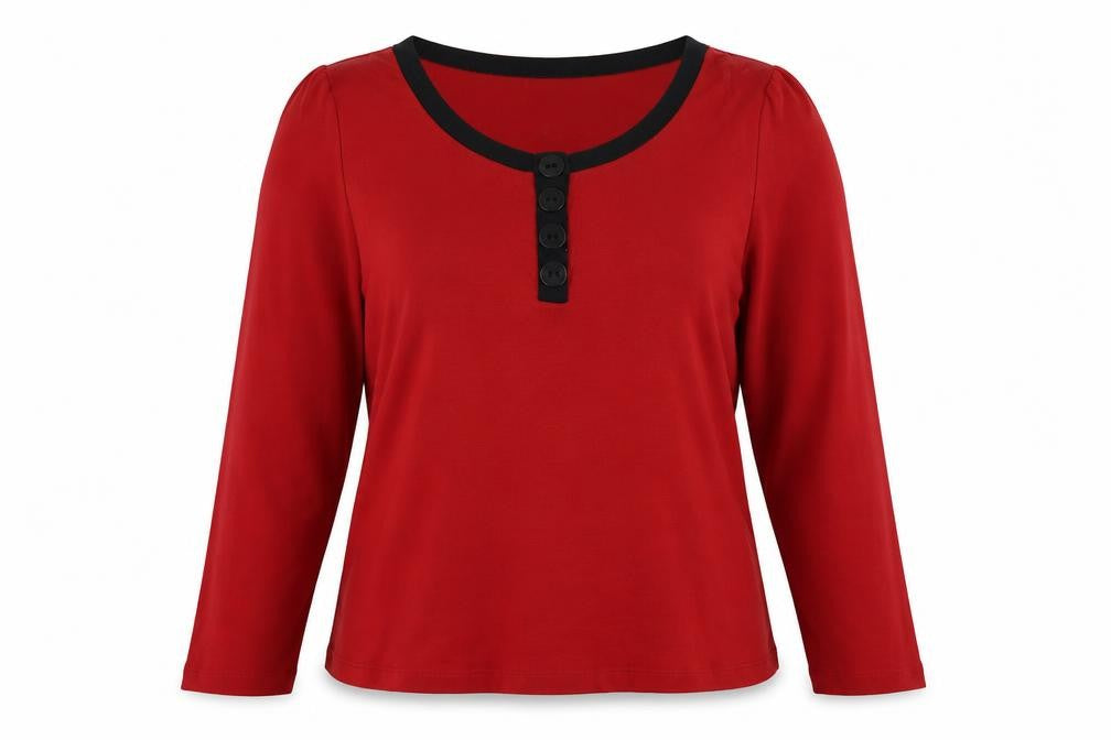 Front view of ELVI women’s red jumper, size M