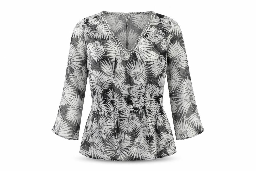 Front view of OCEAN CLUB women’s black floral basic blouse, size UK 12