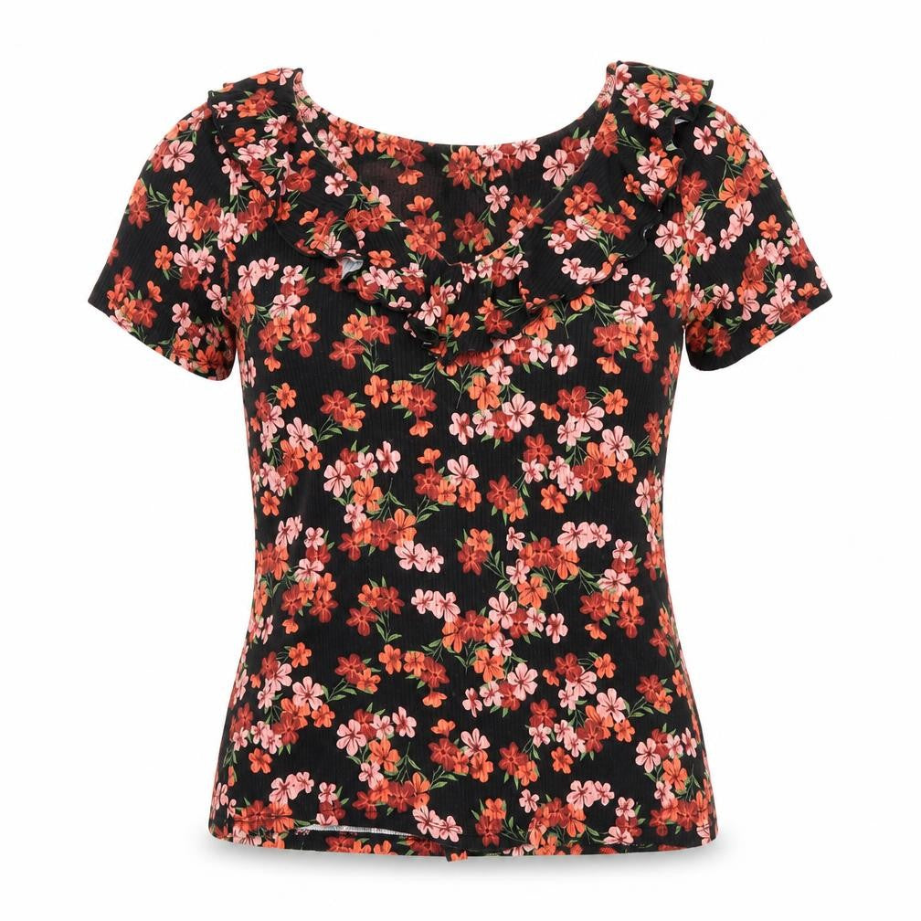 Front view of Dorothy Perkins women’s black floral basic blouse, size UK 10