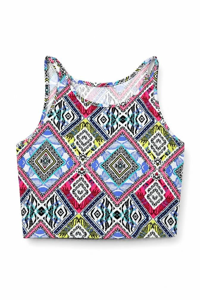 Front view of New Look women’s white geometric cropped tank, size UK 10