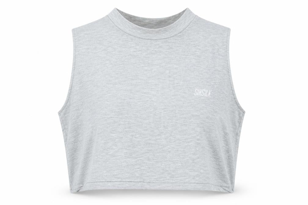 Front view of SikSilk women’s grey cropped tank, size XS