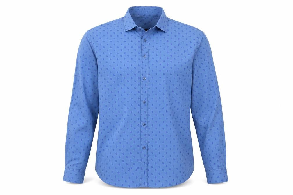 Front view of Cedarwood State men’s blue button-up, size 16.5