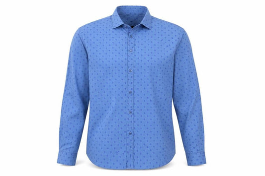 Front view of Cedarwood State men’s blue button-up, size 16.5