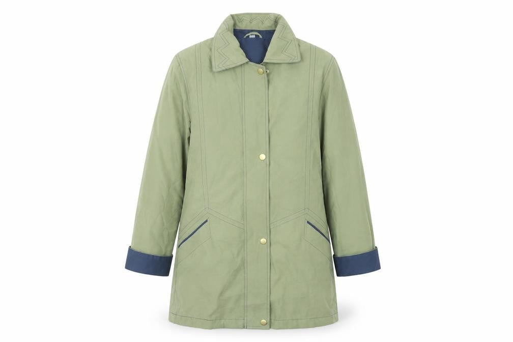 Front view of AWARD women’s green overcoat coat, size UK 10