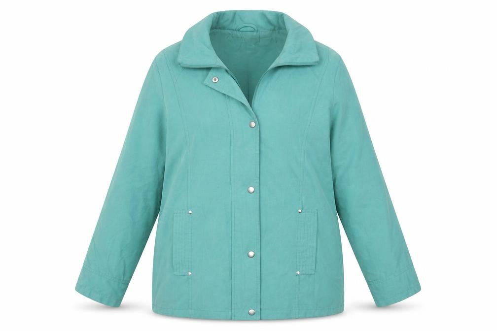 Front view of Classics women’s green overcoat coat, size UK 12
