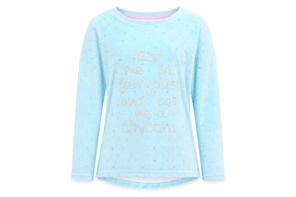 Front view of Matalan girls’ blue solid pyjama top, size 12, years - roll me in fairy dust