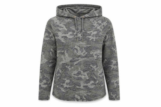 Front view of F&F women’s green camouflage pullover hoodie, size UK 6