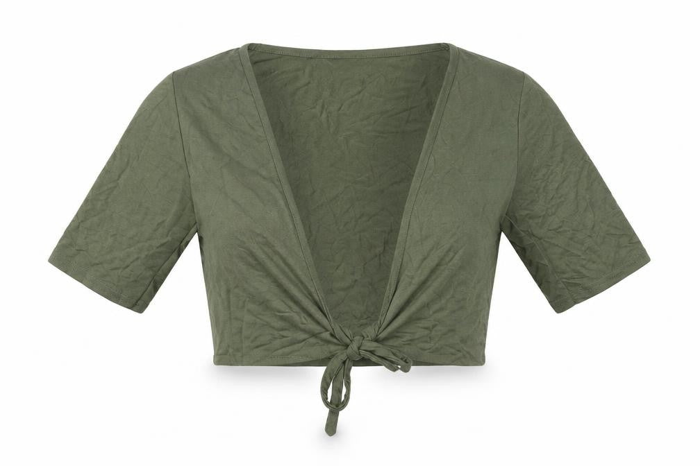 Front view of PRETTYLITTLETHING women’s green cropped t-shirt, size UK 8