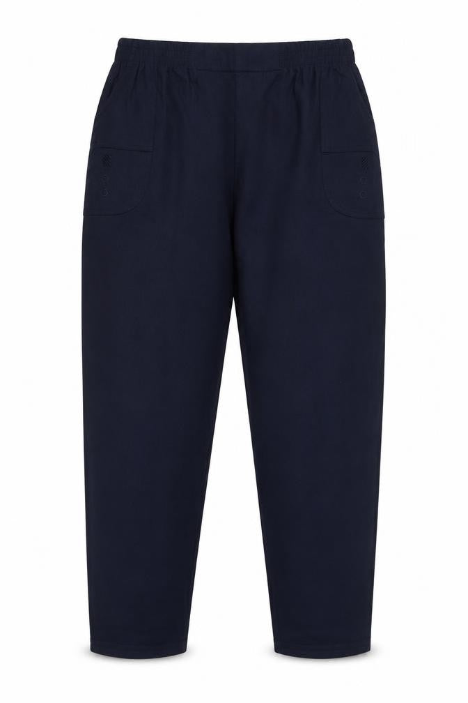 Front view of Preworn women’s blue trousers, size UK 12, 30-inch leg