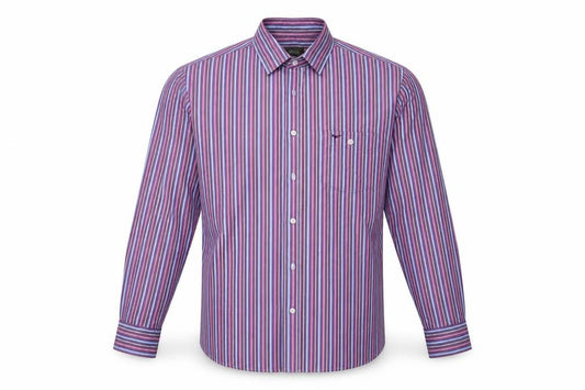 Front view of Wolsey men’s purple striped button-up, size M