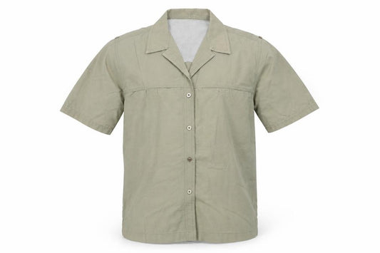 Front view of Hawkshead men’s beige button-up, size M