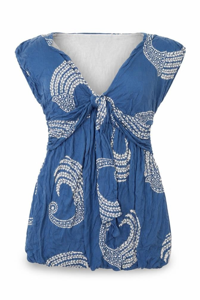 Front view of Love Label women’s blue paisley basic blouse, size UK 12
