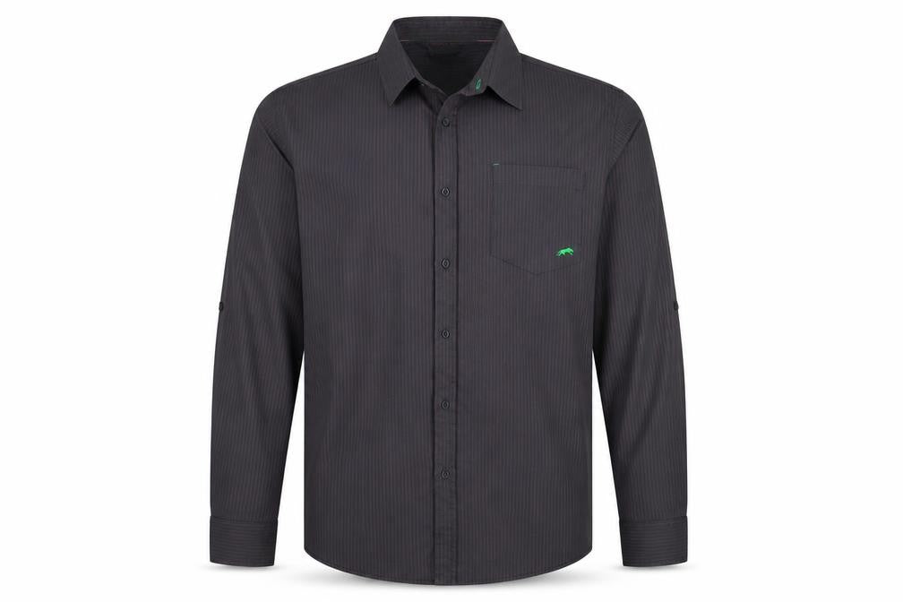Front view of Urban Spirit men’s grey striped button-up, size XL
