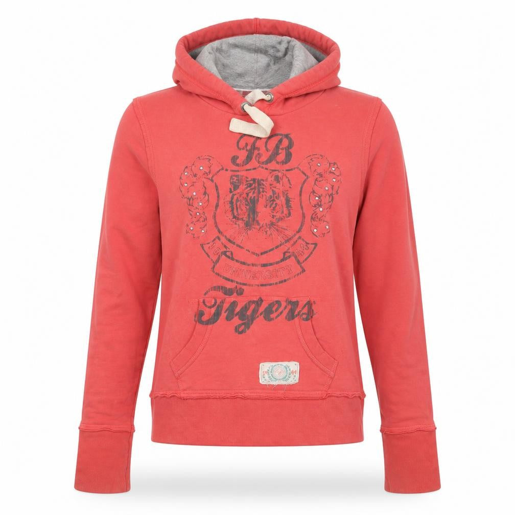 Front view of Fred in boston women’s red pullover hoodie, size L