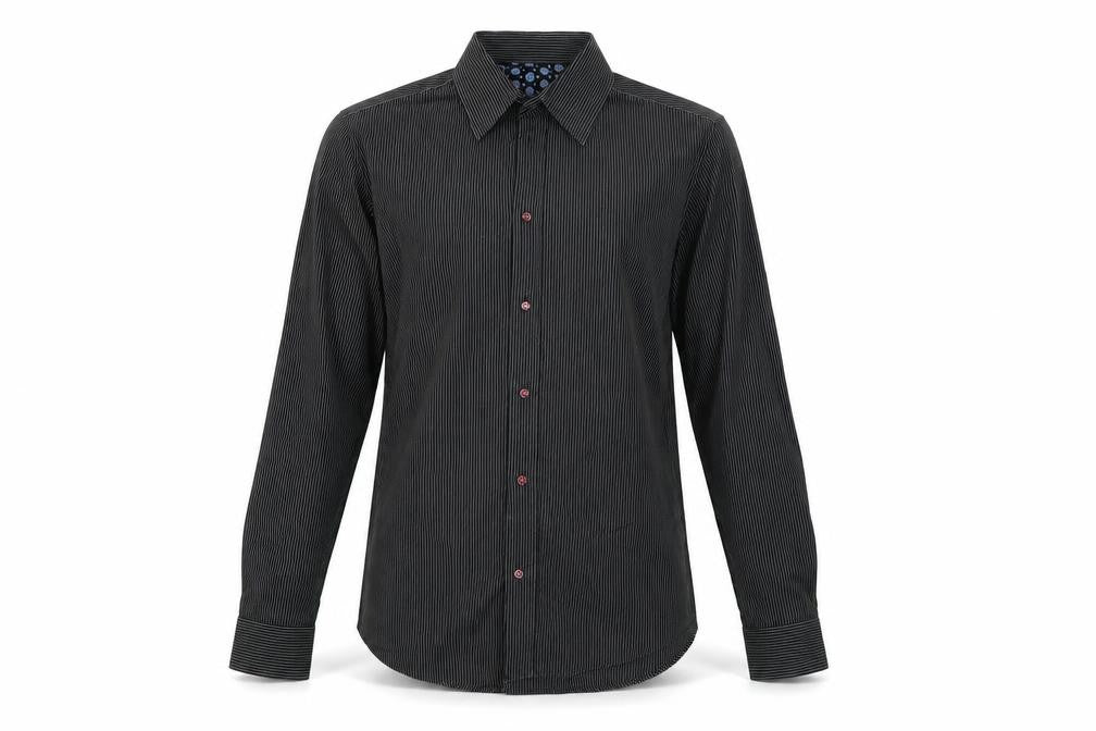 Front view of Next men’s black striped button-up, size S