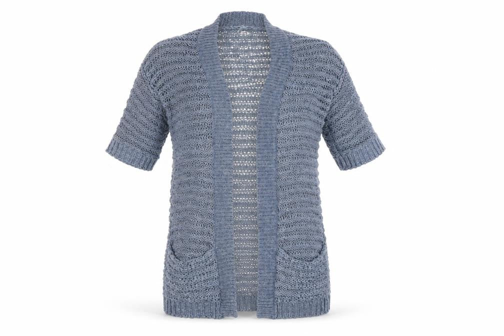 Front view of New Look women’s blue cardigan jumper, size M