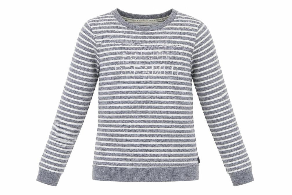 Front view of Love To Lounge women’s grey striped jumper, size UK 6, - future dreamer