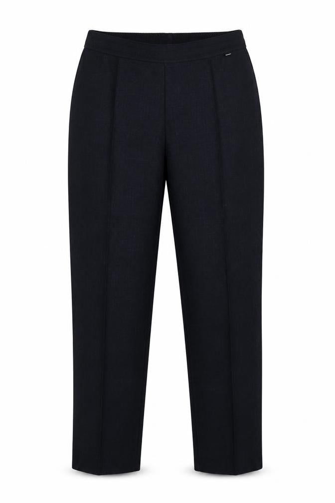 Front view of Marks & Spencer women’s blue trousers, size UK 14, 28-inch leg