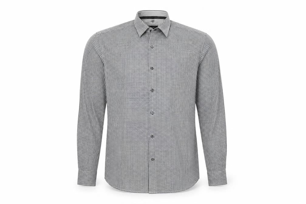 Front view of Disley men’s black check button-up, size 40