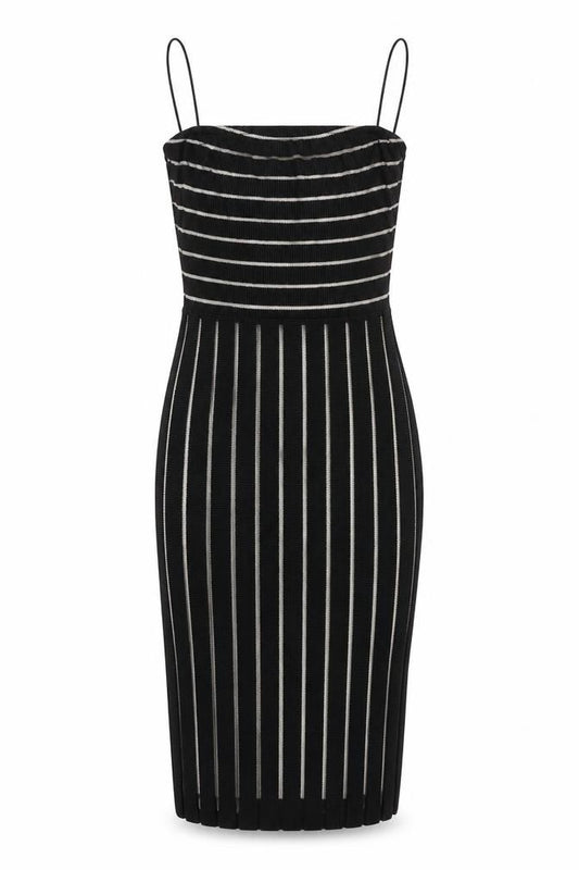 Front view of PRETTYLITTLETHING women’s black striped bodycon, size UK 6