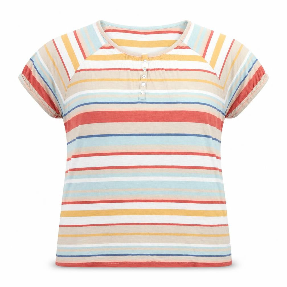 Front view of ISLE women’s red striped basic t-shirt, size L