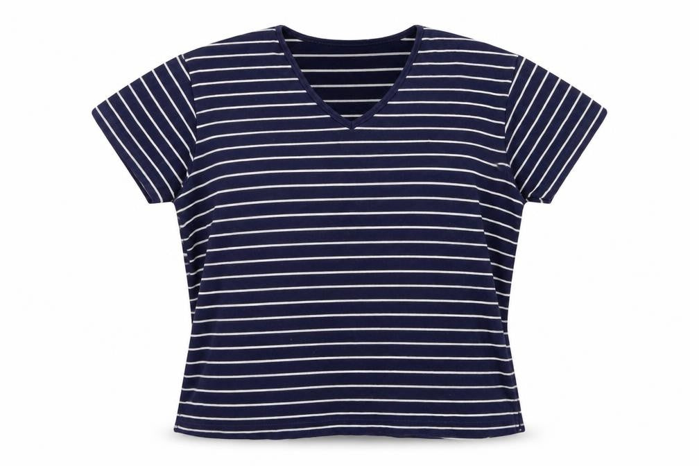Front view of Carolyn Taylor women’s blue striped basic t-shirt, size M