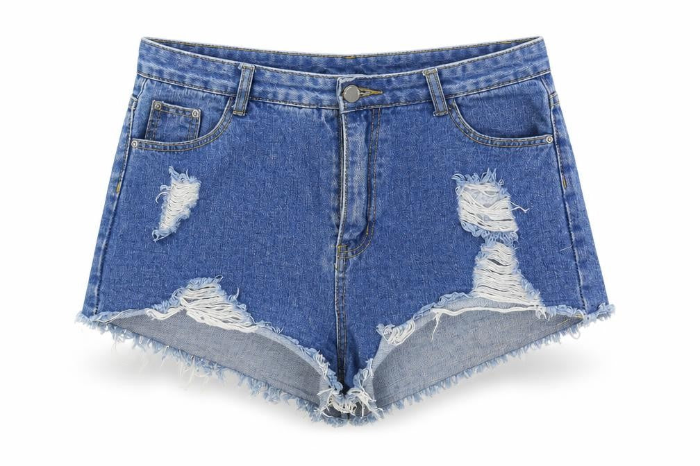 Front view of Preworn women’s blue denim hot pants shorts, size L