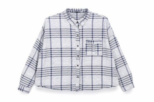 Front view of BDG women’s blue check basic button-up, size S