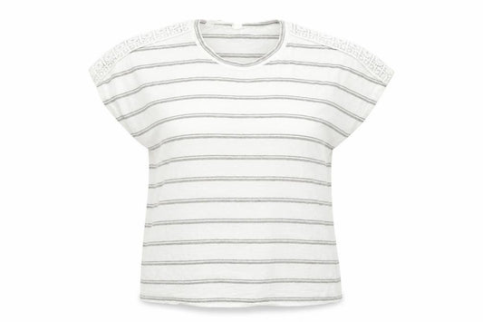 Front view of Primark women’s multicoloured striped basic t-shirt, size UK 12