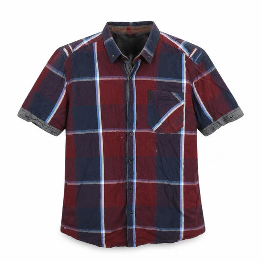 Front view of Urbndist men’s red check button-up, size M