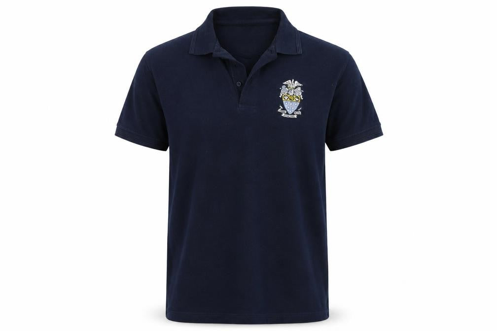 Front view of UCC Collection men’s blue polo, size L
