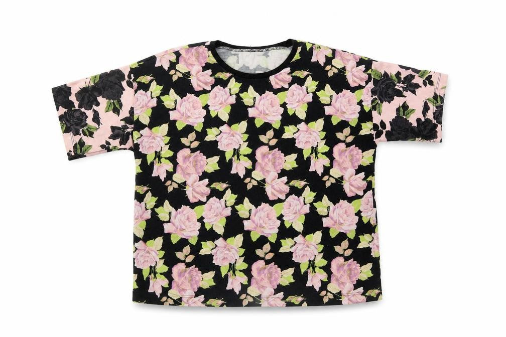 Front view of ASOS women’s black floral basic t-shirt, size UK 10