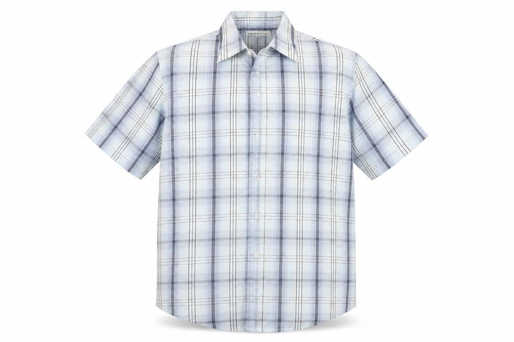 Front view of EWM men’s blue check button-up, size XL