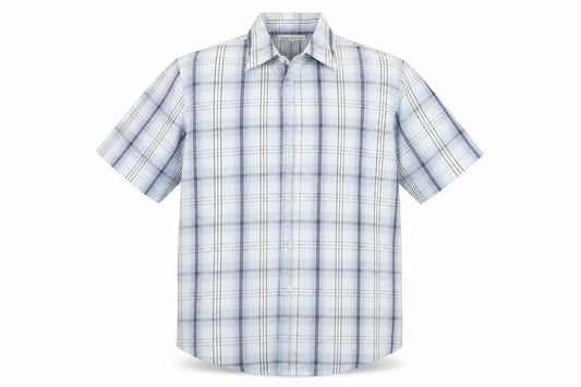 Front view of EWM men’s blue check button-up, size XL