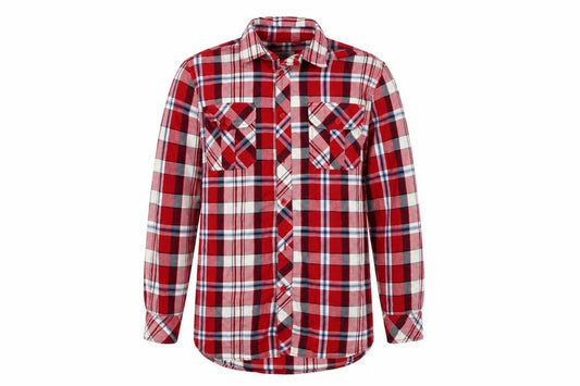 Front view of Cedarwood State men’s red check button-up, size S