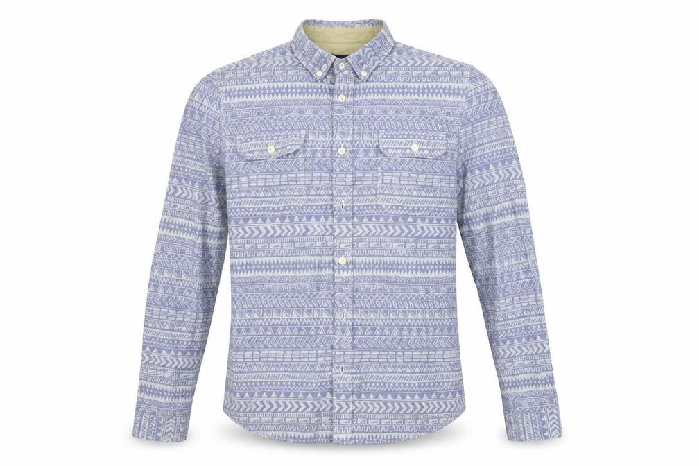 Front view of ASOS men’s blue geometric button-up, size S