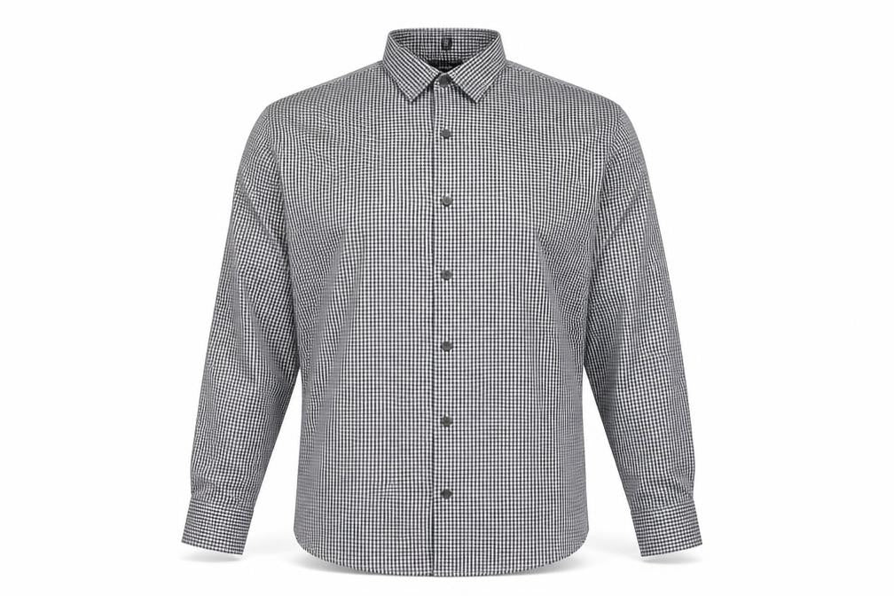 Front view of disley men’s white check button-up, size 15.5