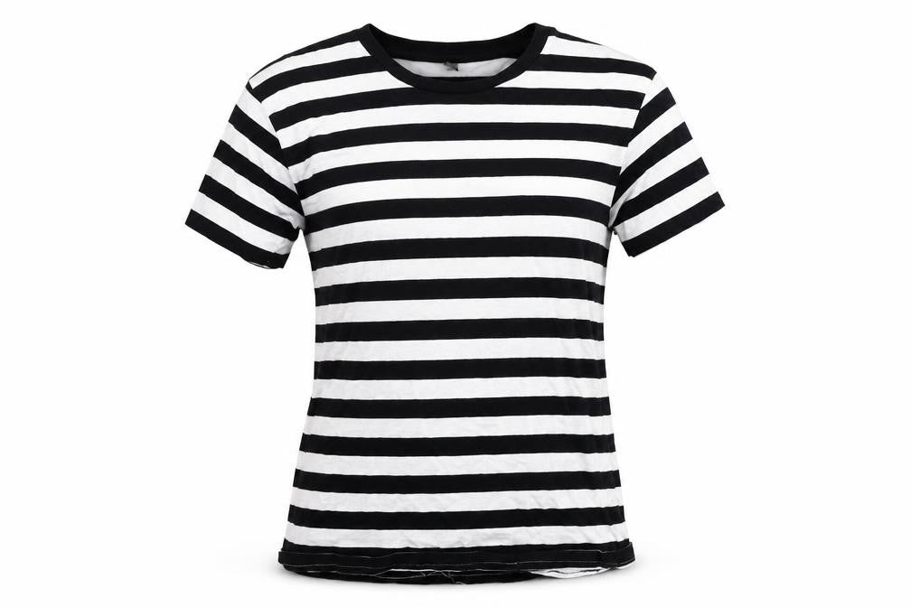 Front view of Preworn women’s black striped basic t-shirt, size S