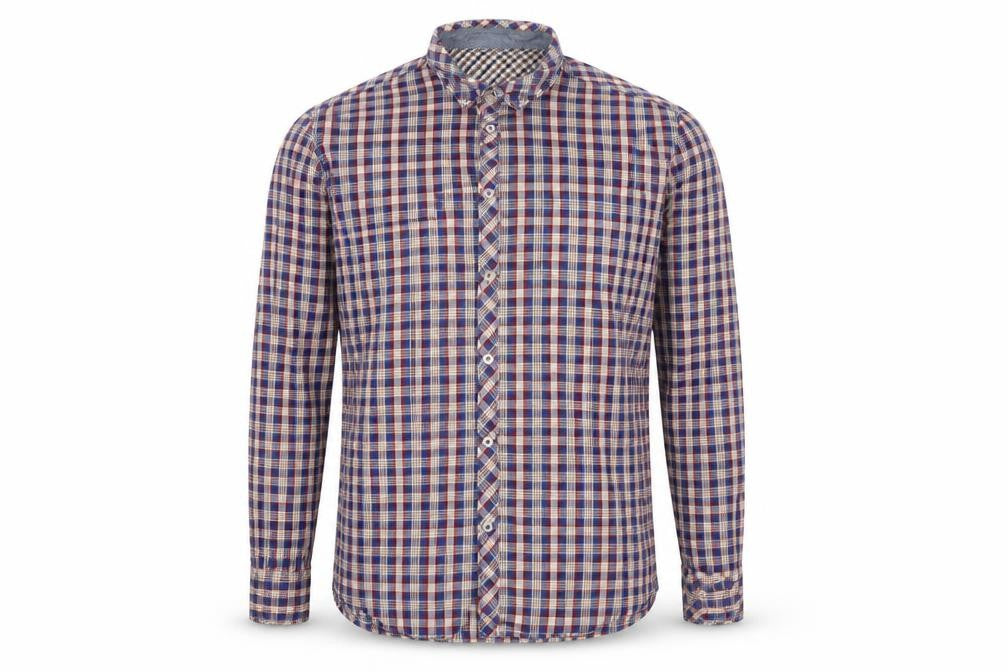 Front view of Celio men’s blue plaid button-up, size XL